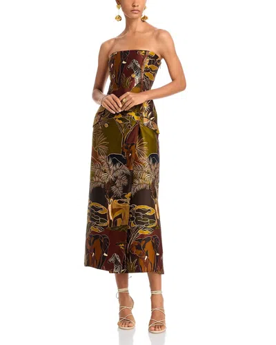 FARM RIO STRAPLESS BUTTONNED MIDI DRESS IN SAVANA DREAM CARAMEL