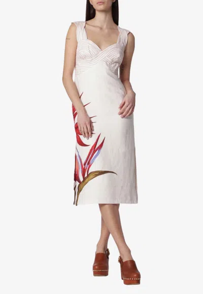 Farm Rio Sand-colored Linen Midi Dress With Strelitzia Pattern In Brown