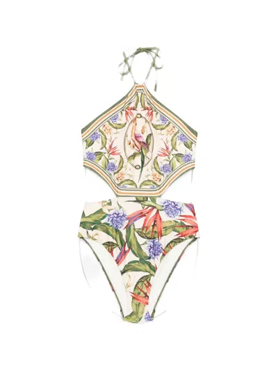 Farm Rio Strilitzia Cut-out Floral-print Swimsuit In Neutral