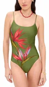 Farm Rio Strilitzia Placed Floral One-piece Swimsuit In Green