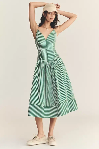 FARM RIO STRIPE COTTON SLEEVELESS V-NECK DROP-WAIST MIDI DRESS