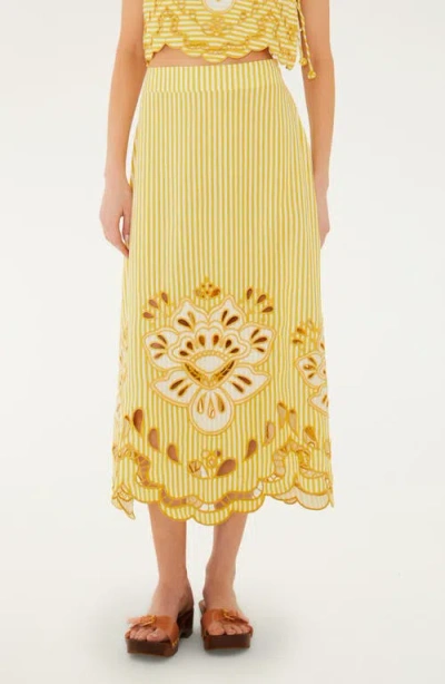 Farm Rio Stripe Eyelet Midi Skirt In Yellow