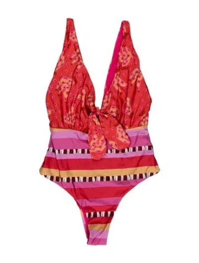 Pre-owned Farm Rio Striped Cutout Accent One-piece In Orange