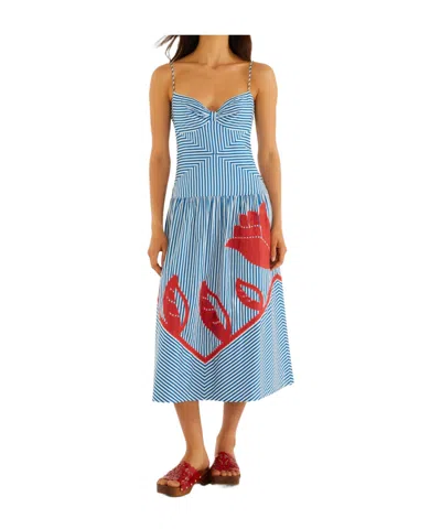 Farm Rio Sky Striped Embroidered Cotton Poplin Midi Dress In Blue