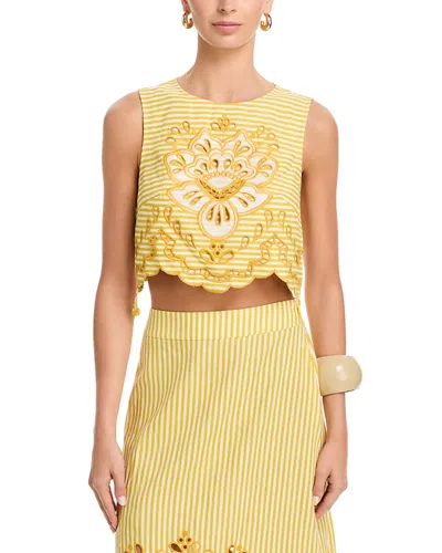 Farm Rio Striped Embroidered Top In Yellow