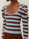 Farm Rio Striped Knit Blouse In Blue/brown
