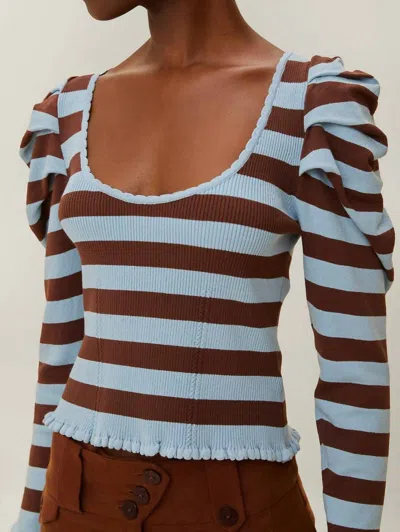 Farm Rio Striped Knit Blouse In Blue/brown