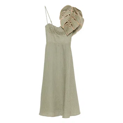 Farm Rio Green Striped 3d Monstera Leaf Euroflax Premium Linen Midi Dress In Neutral