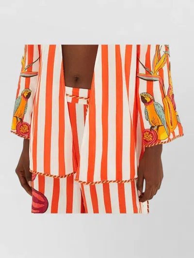 Farm Rio Striped Linen-blend Blouse With Deep V-neck And Drawstring Waist In Multi