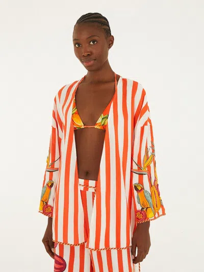 Farm Rio Striped Linen-blend Blouse With Deep V-neck And Drawstring Waist In Multi