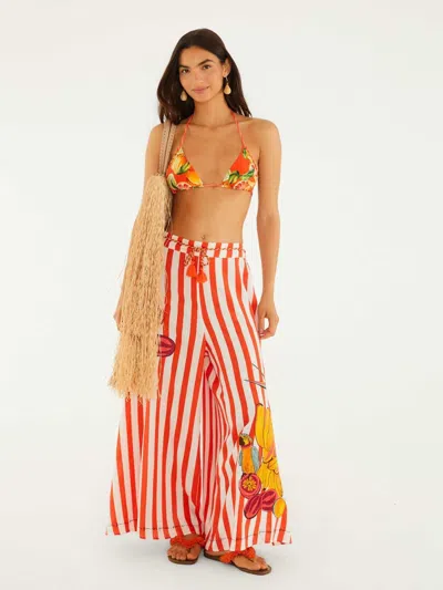 Farm Rio Striped Linen-viscose Drawstring Trousers With Embroidered Hem And Side Slits In Rosso