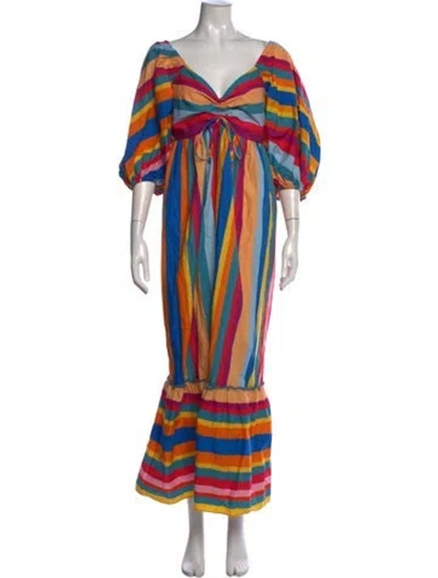 Pre-owned Farm Rio Striped Long Dress In Blue