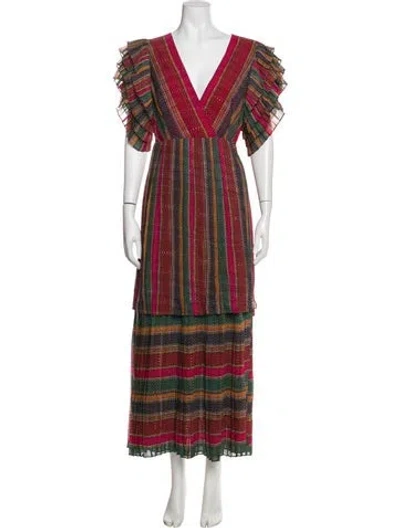 Pre-owned Farm Rio Striped Long Dress In Red