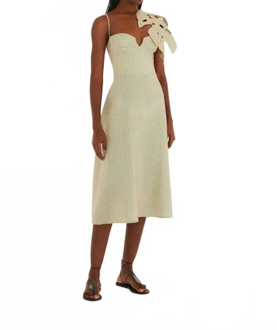 Farm Rio Green Striped 3d Monstera Leaf Euroflax Premium Linen Midi Dress In Neutral