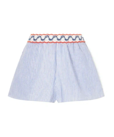 Farm Rio Embroidered Striped Linen Shorts In Blue