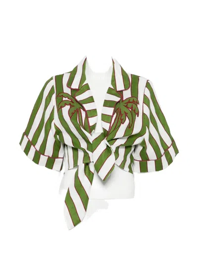 Farm Rio Striped Short-sleeve Cropped Blouse In Green