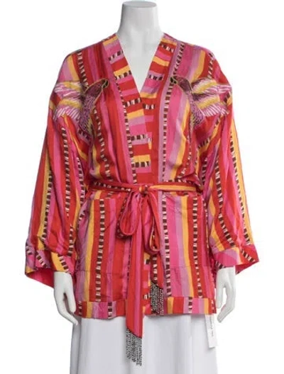 Pre-owned Farm Rio Striped Tassel Accents Robe In Pink