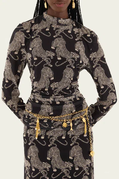 Farm Rio Striped Tigers Black Tulle Blouse