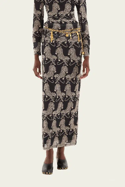 Farm Rio Striped Tigers Black Tulle Midi Skirt