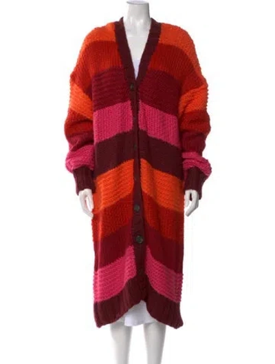 Pre-owned Farm Rio Striped V-neck Sweater In Red