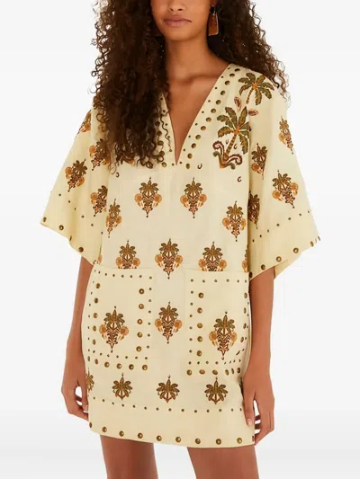 Farm Rio Sand Coconut Tree Tapestry Euroflax Premium Linen Mini Dress In Neutral