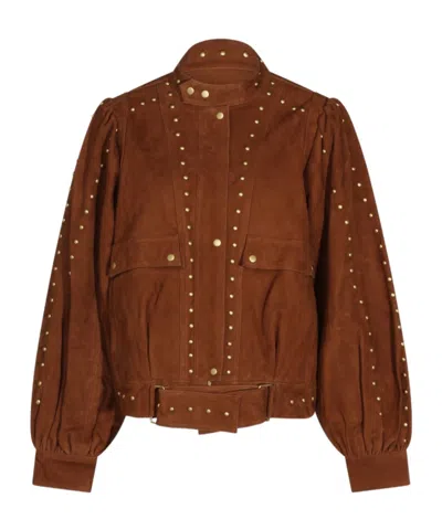 Farm Rio Studded Puff-sleeve Jacket In Brown