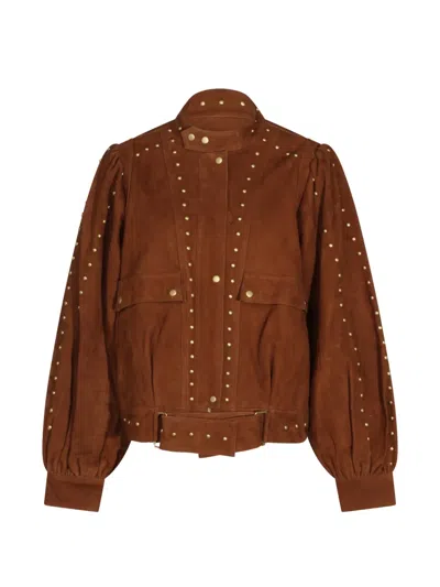 Farm Rio Riveted Buttoned Leather Jacket In Brown