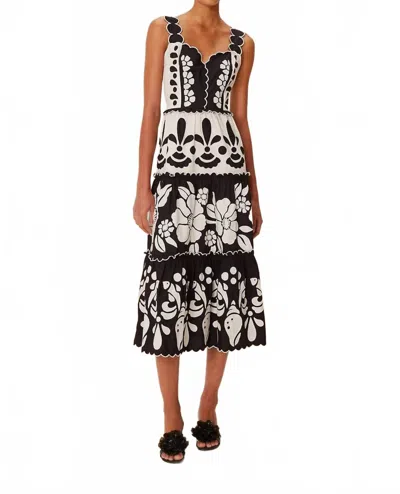 Farm Rio Summer Cutwork Organic Cotton Midi Dress In Black And White In Multi