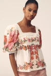 Farm Rio Summer Fruit Cotton Puff-sleeve Square-neck Blouse In White