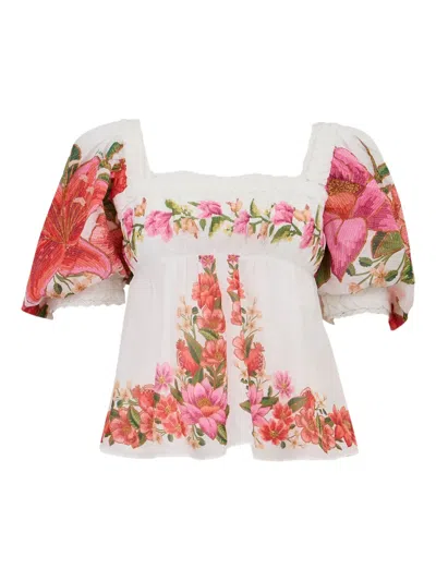 Farm Rio Summer Fruit Puff-sleeve Floral Blouse In White