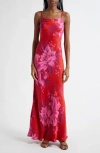 Farm Rio Summer Fruit Satin Maxi Slipdress In Summer Fruit Red
