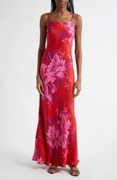 Farm Rio Summer Fruit Satin Maxi Slipdress In Summer Fruit Red