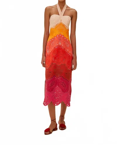 FARM RIO SUMMER GRADIENT OMBRE RICHELIEU MIDI DRESS IN MULTI