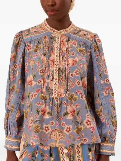 Farm Rio Superbloom Tapestry-print Blouse In Blue