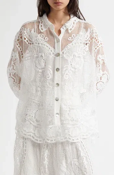 Farm Rio Swan Lake Guipure Lace Button-up Shirt In White