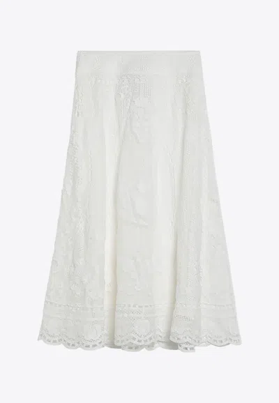 Farm Rio Swan Lake Guipure Lace Midi Skirt In White