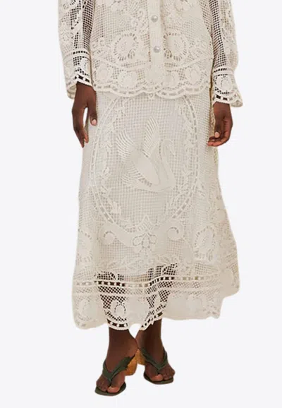 Farm Rio Swan Lake Guipure Lace Midi Skirt In Off-white