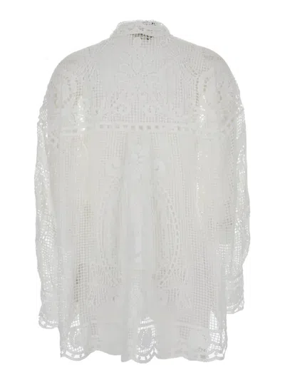 FARM RIO SWAN LAKE WHITE SHIRT WITH CLASSIC COLLAR AND ALL-OVER LACE EMBROIDERY IN TECH FABRIC WOMAN