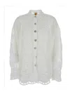 Farm Rio 'swan Lake' White Shirt With Classic Collar And All-over Lace Embroidery In White