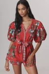 Farm Rio Sweet Bloom Bouquet Puff-sleeve Romper