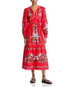 Farm Rio Sweet Bloom Long Sleeve Linen Blend Tiered Maxi Dress In Sweet Bloo