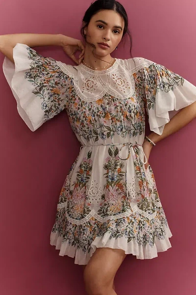 Farm Rio Sweet Bloom Bouquet Short-sleeve Mini Dress In White