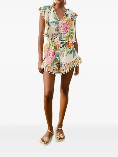 Farm Rio Sweet Bloom Floral-print Pom-pons Shorts In Neutral