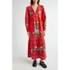 Farm Rio Sweet Bloom Long Sleeve Linen Blend Tiered Maxi Dress In Red