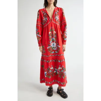 Farm Rio Sweet Bloom Long Sleeve Linen Blend Tiered Maxi Dress In Red