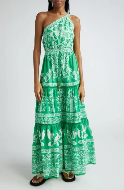 Farm Rio Sweet Garden One-shoulder Tiered Maxi Dress In Green