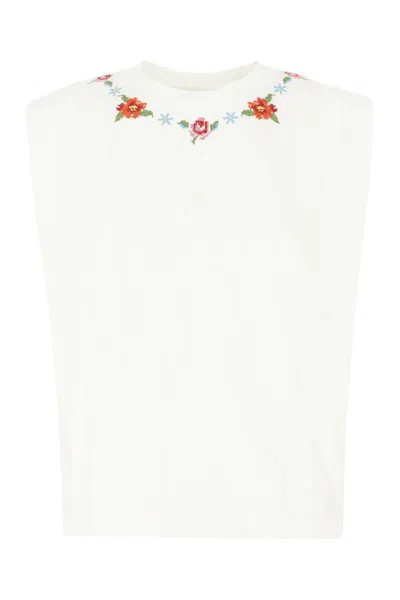Farm Rio Embroidered Padded-shoulder Top In White