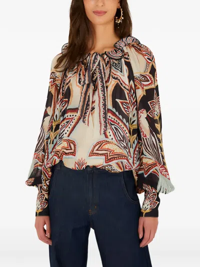 Farm Rio Tapestry Dream Ruffled Blouse In Neutral