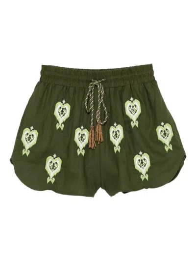 Farm Rio Embellished Embroidered Linen-blend Shorts In Green
