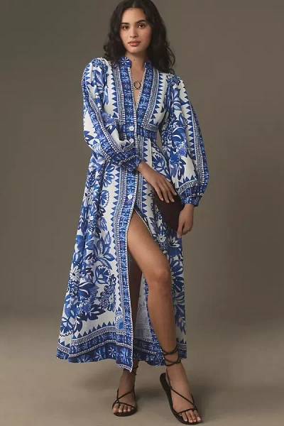 Farm Rio Tapestry Linen Maxi Dress In Blue